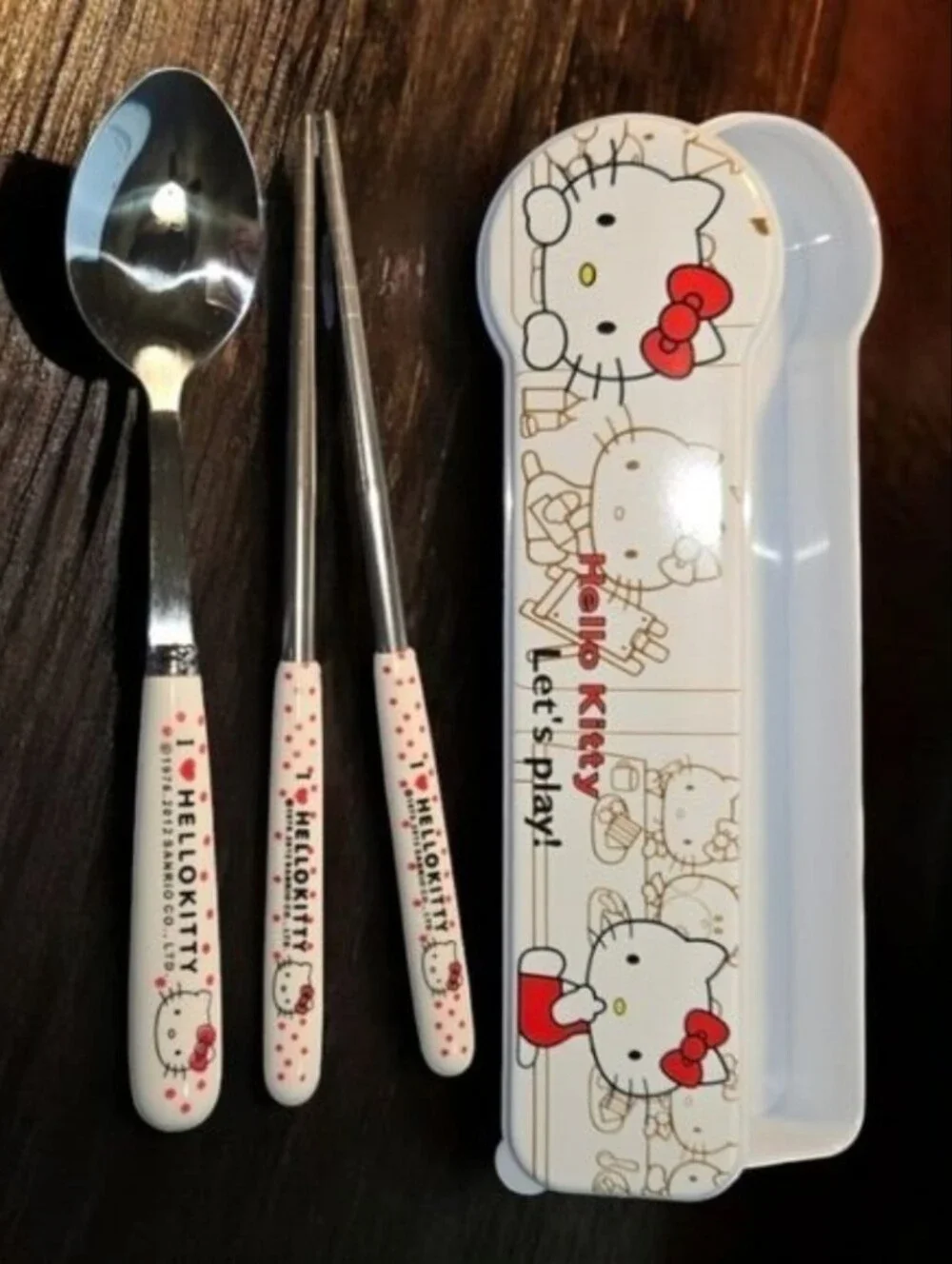 Hello Kitty Chopsticks Spoon Set Travel Case Kawaii Lunch Utensils 4pc NWT